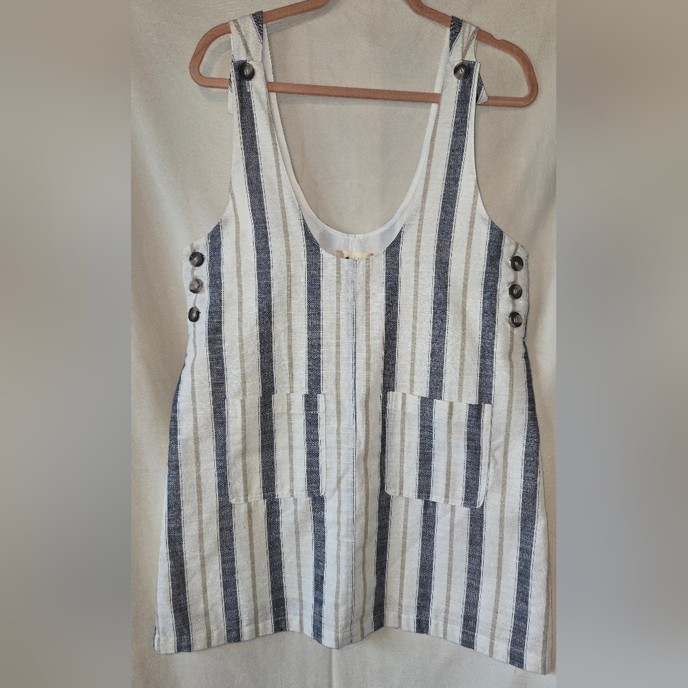 Altar'd State Large Blue & White Striped Dress Adjustable Brown Button Straps